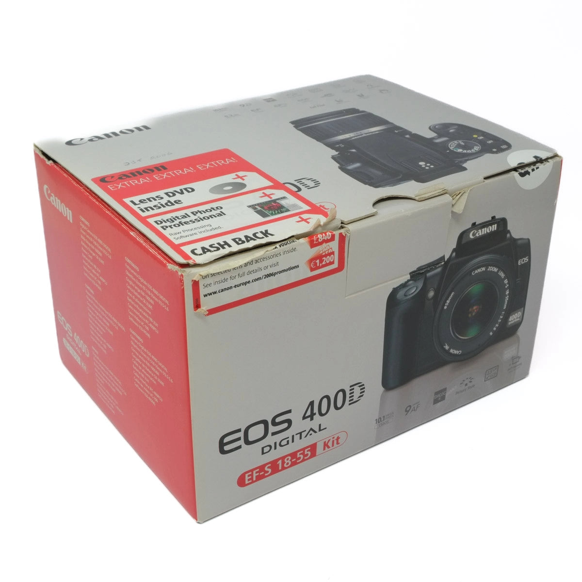 Canon EOS 400D digital camera packaging on a white background