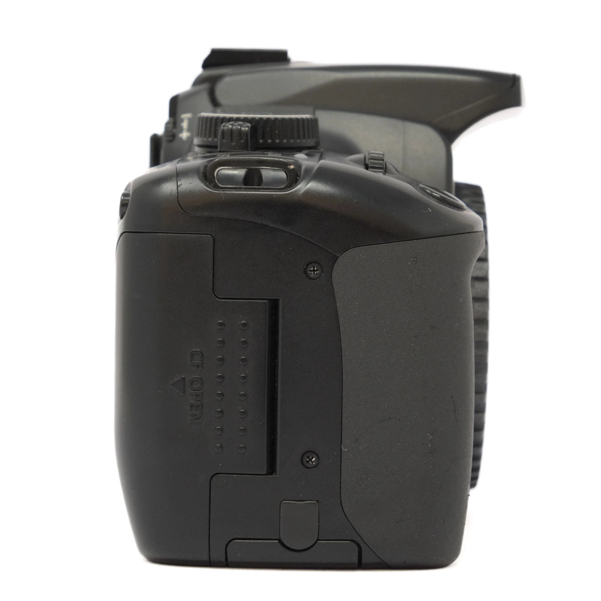 Black camera body on a white background