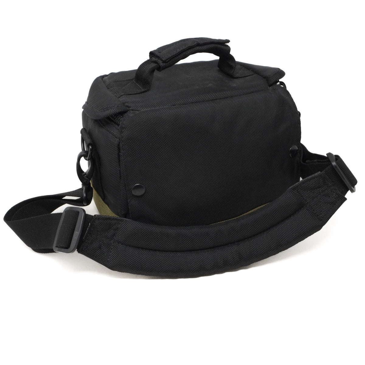 Black camera bag with a shoulder strap on a white background