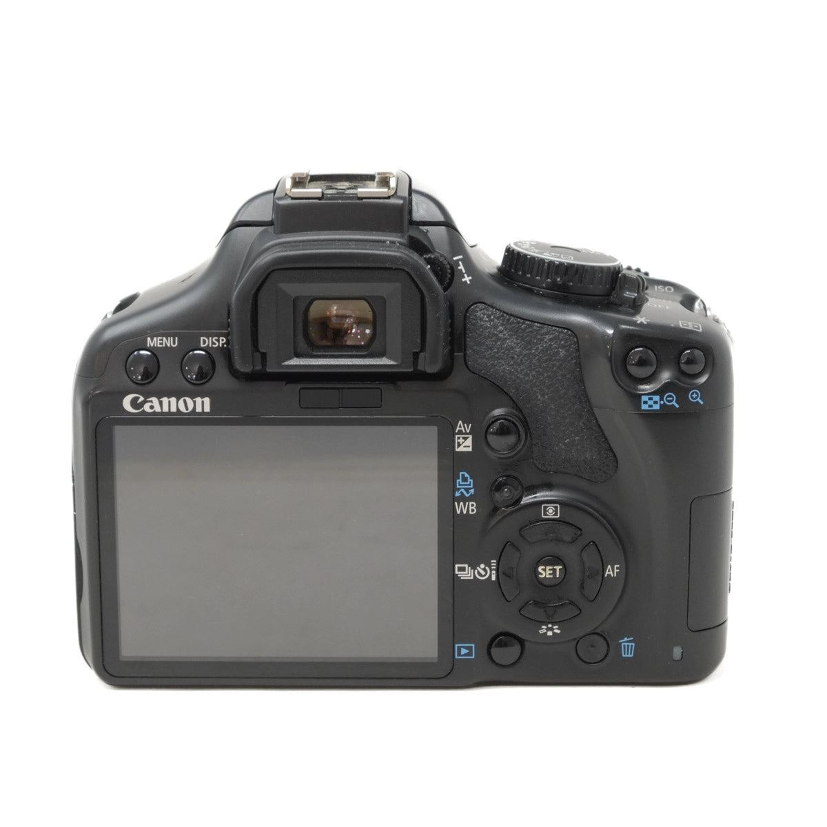 Canon DSLR camera back view on a white background