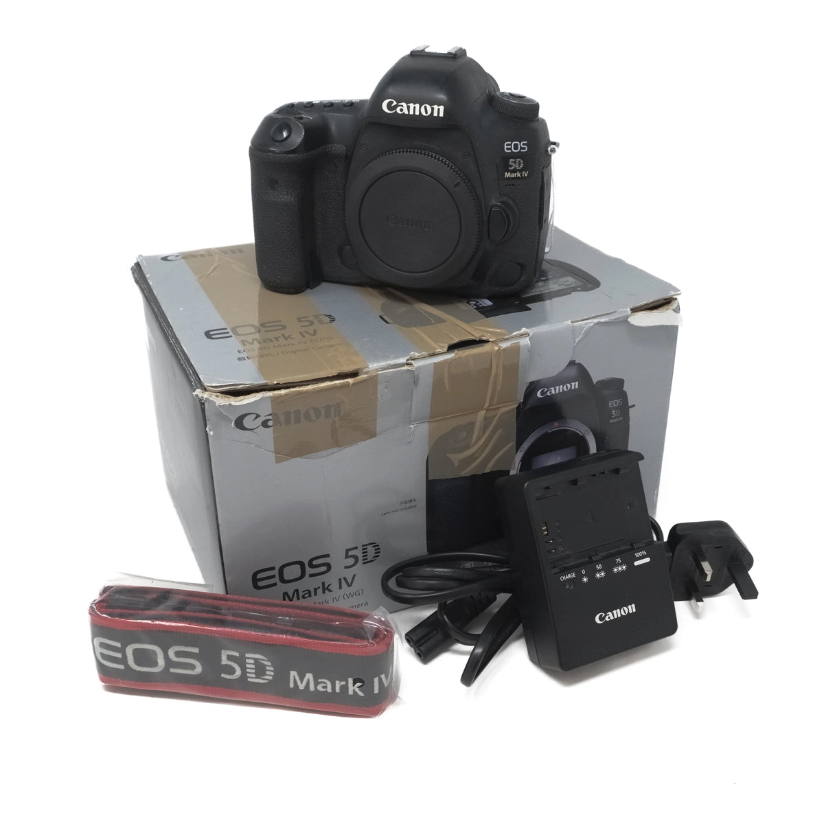 Used Canon EOS 5D MK IV Digital SLR - Front angle with box, camera strap and battery charger 