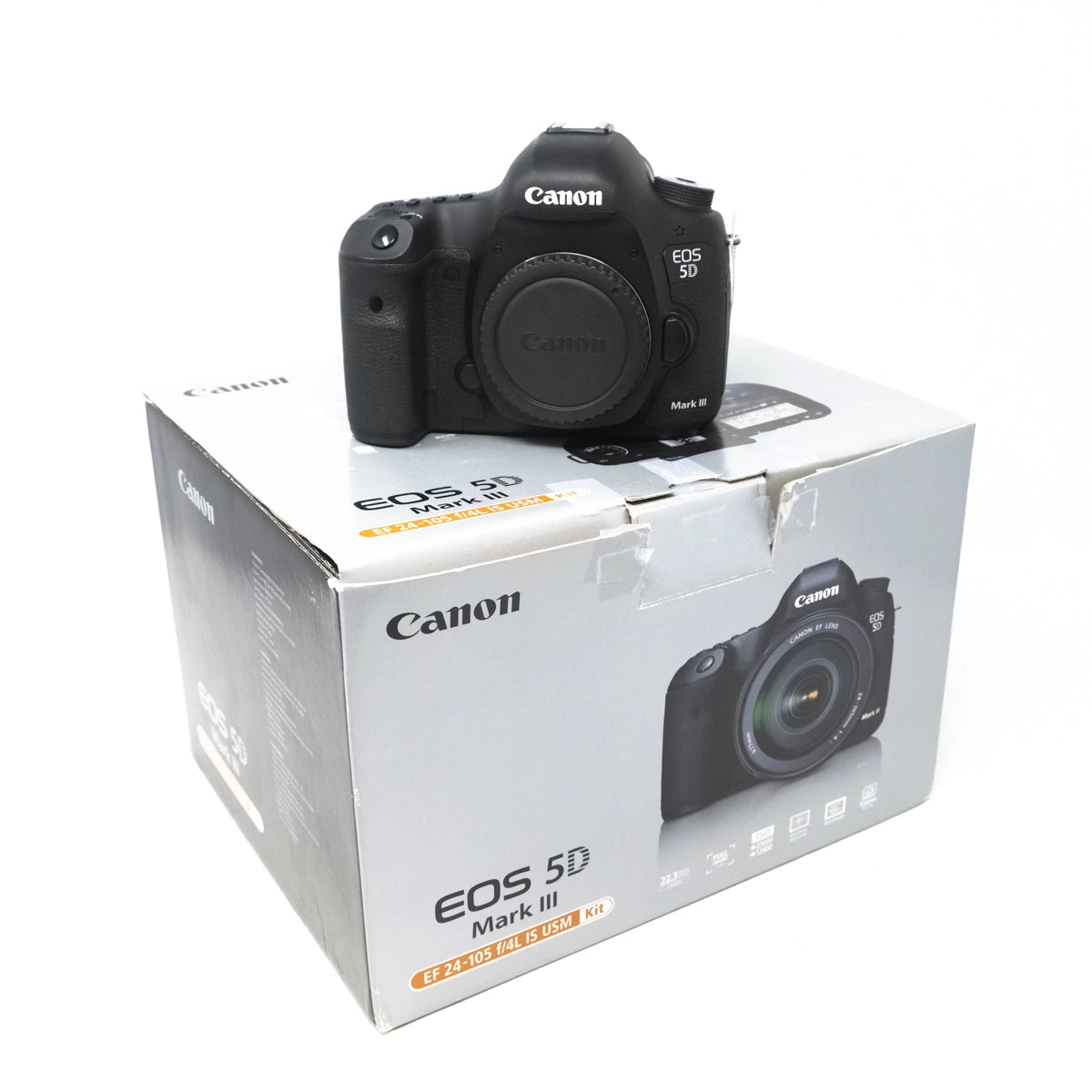 Used Canon EOS 5D MKIII + Battery Grip, Act 6755 - Boxed - Front angle with box 