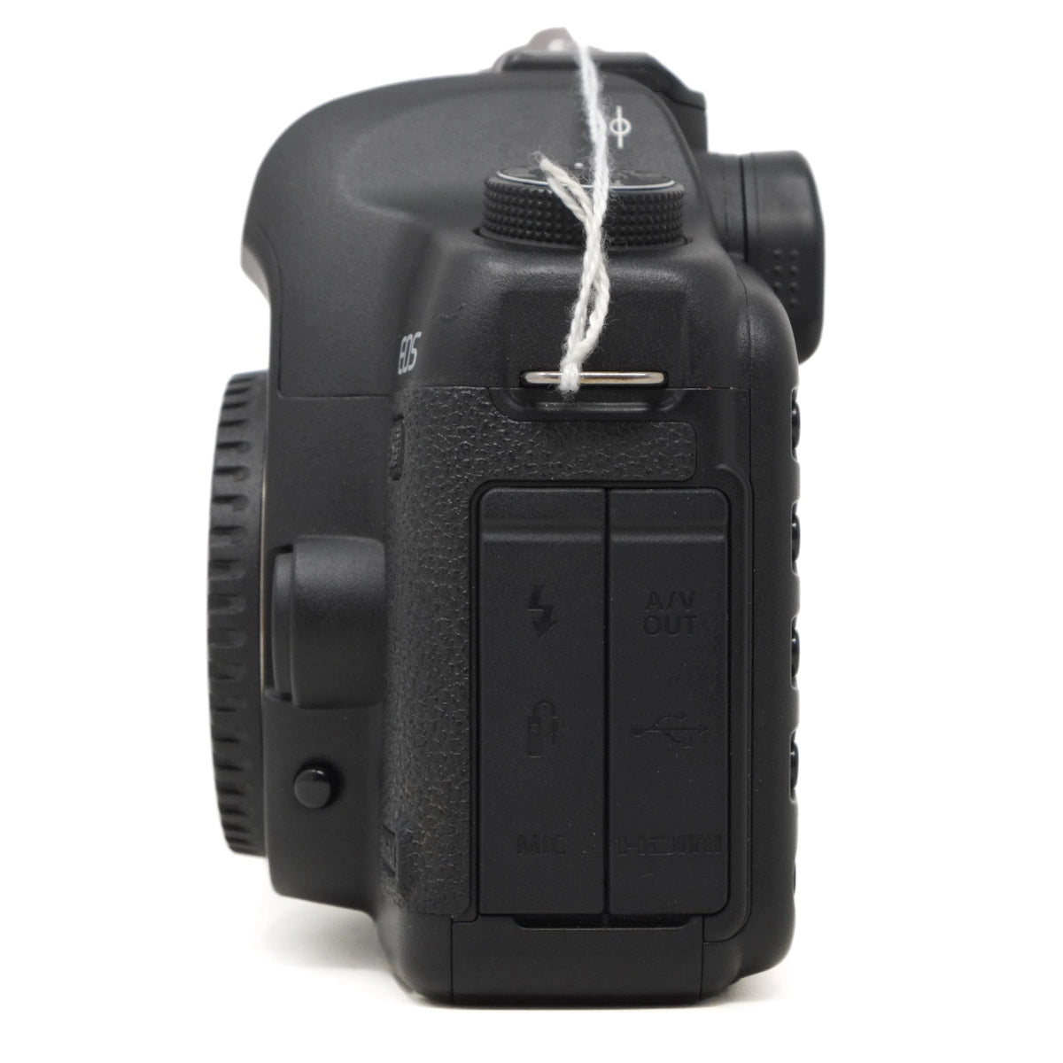 Black camera body on a white background