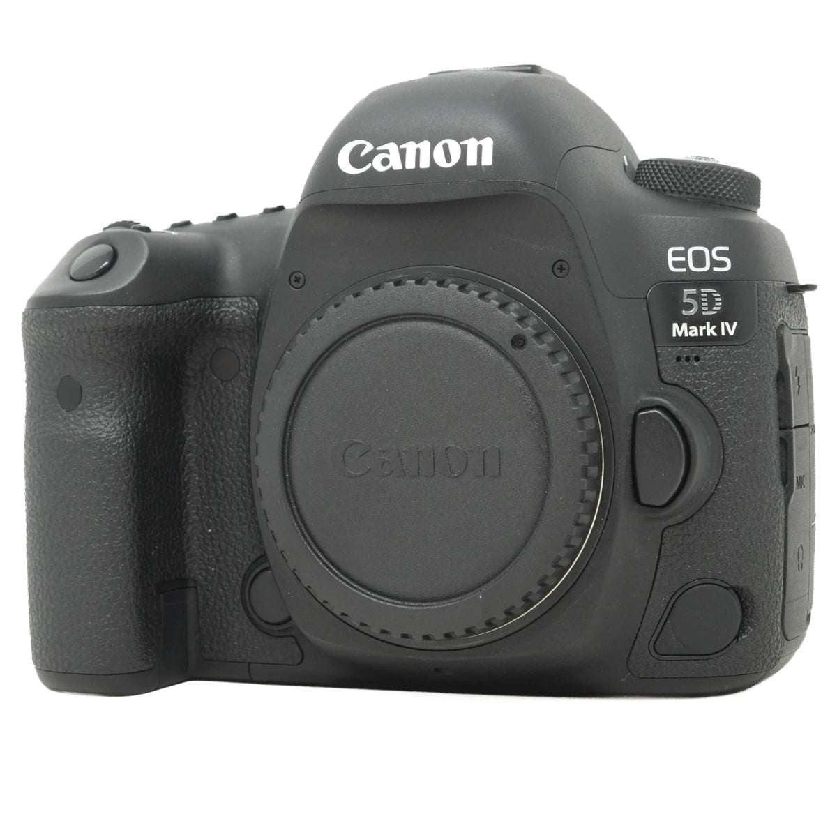 Canon EOS 5D Mark IV DSLR camera body in black, shown from the front on a white background.