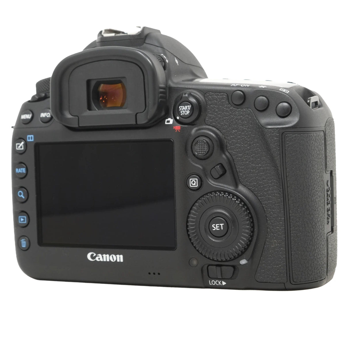 Canon DSLR camera rear view showing the LCD screen, viewfinder, control buttons, and grip on a white background.