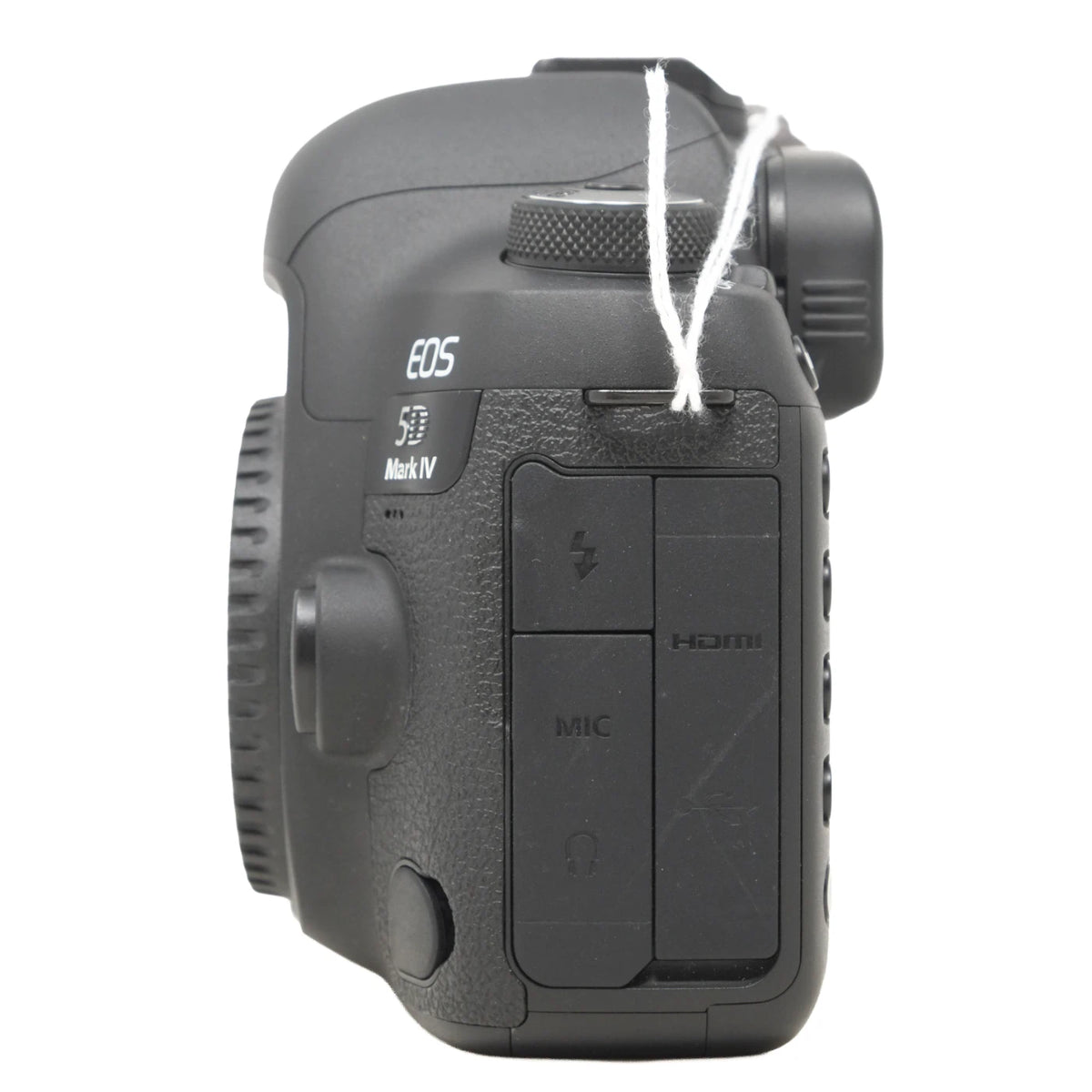 Canon EOS 5D Mark IV DSLR camera body shown from the rear, featuring the battery compartment, HDMI port, and microphone jack, with a white string tied to the top dials against a white background.