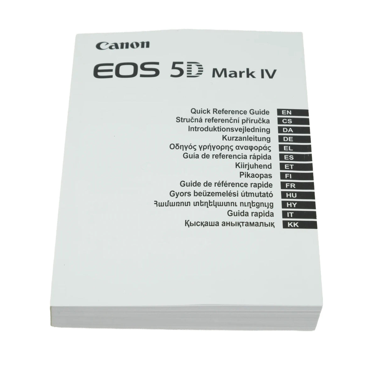 Canon EOS 5D Mark IV Quick Reference Guide book in white with black text, showing multiple language options on the cover.