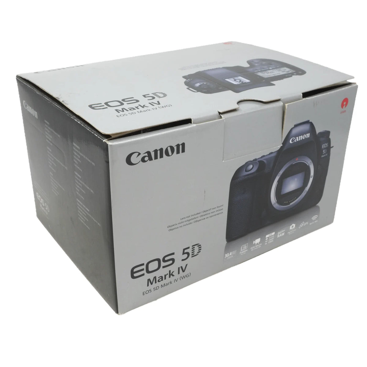 Canon EOS 5D Mark IV camera retail box shown at an angle on a plain white background, with the Canon logo and a large photo of the camera on the front.