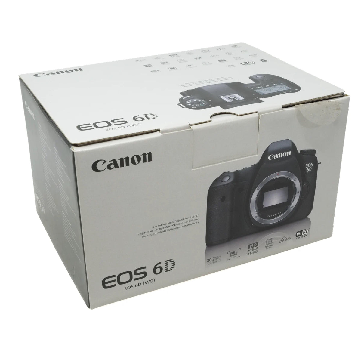 Canon EOS 6D camera retail box shown at a three-quarter angle on a white background.