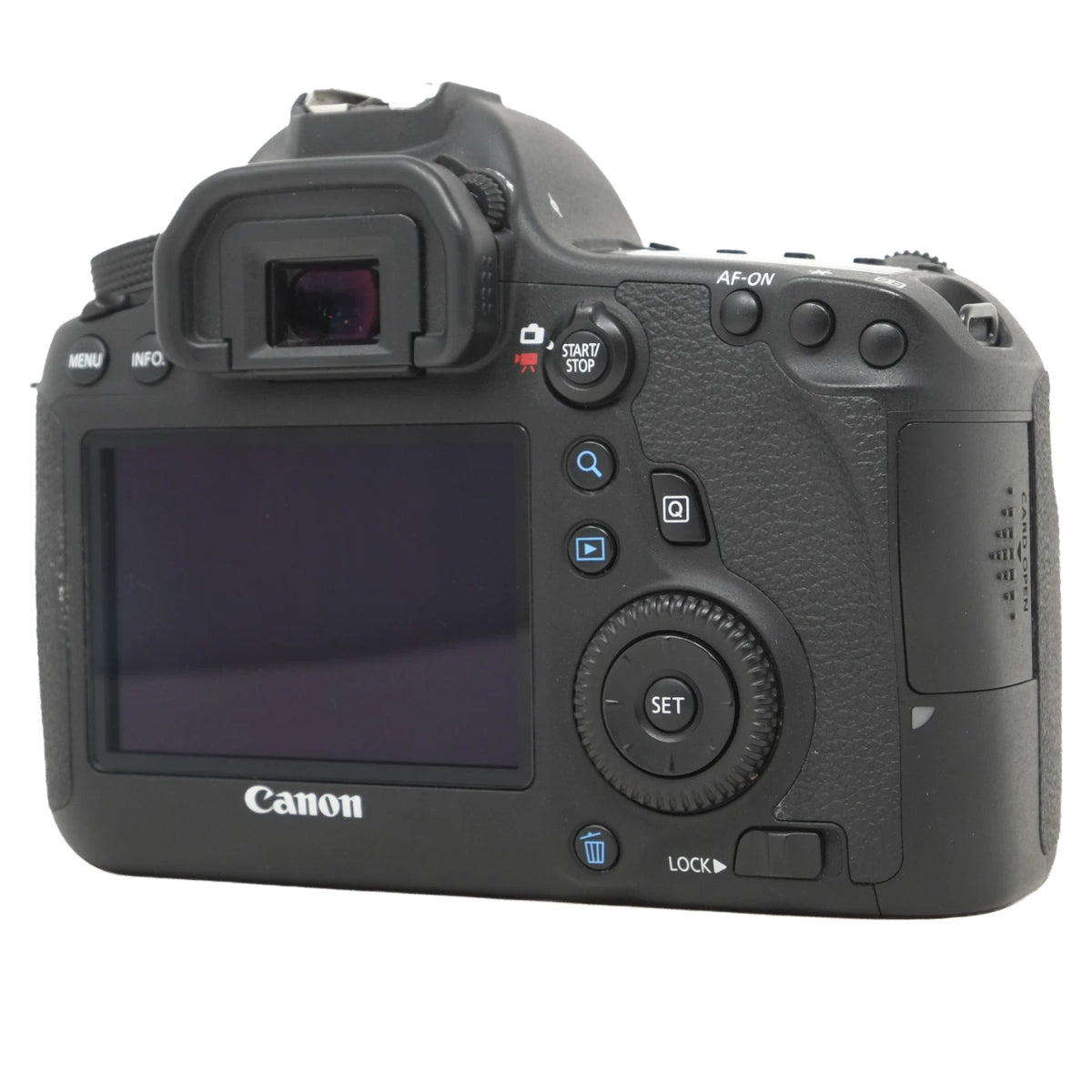 Canon DSLR camera body rear view showing the LCD screen, control buttons, and the Canon logo on a white background.