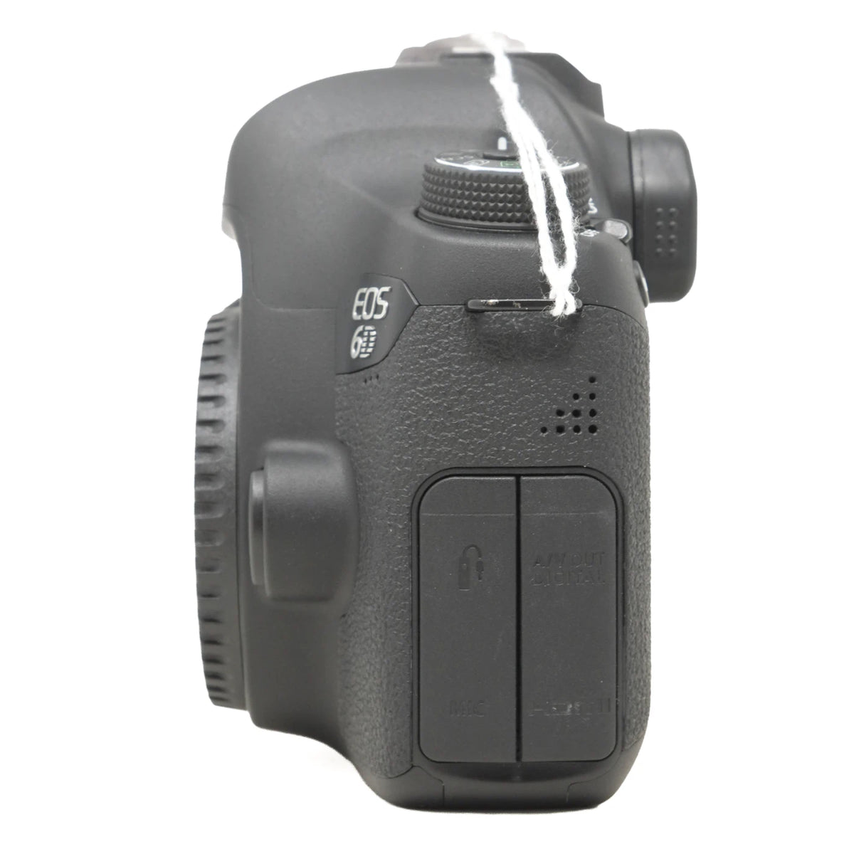 Canon EOS 6D DSLR camera body in black, shown from a side profile view against a white background with a white tag string attached.