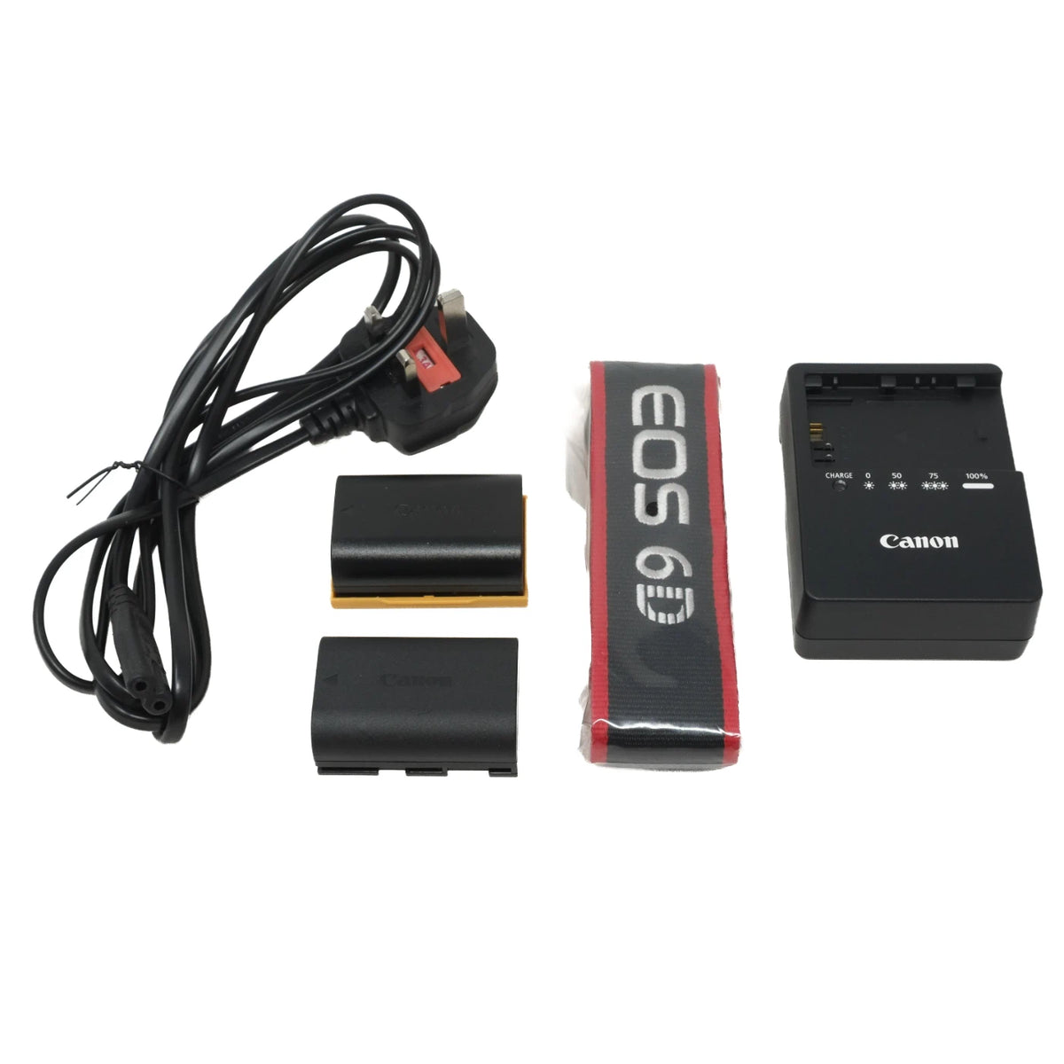 Canon EOS 6D camera battery charging kit including a black power cord, two black replacement batteries, and a black Canon battery charger with a red-and-black EOS 6D branded protective sleeve, shown on a white background.