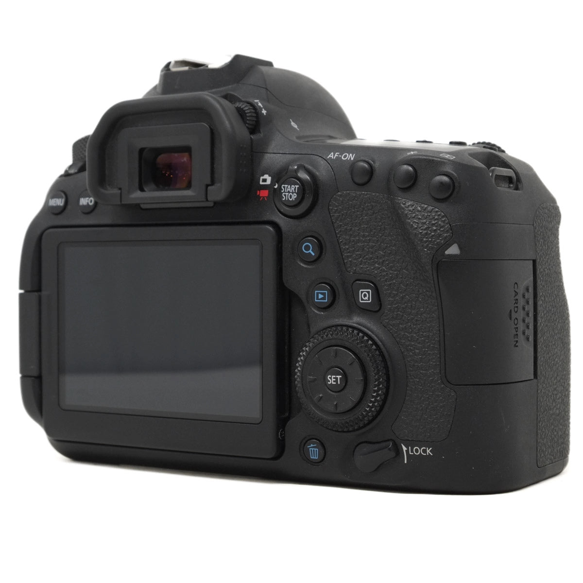 Back view of a Canon camera on a white background