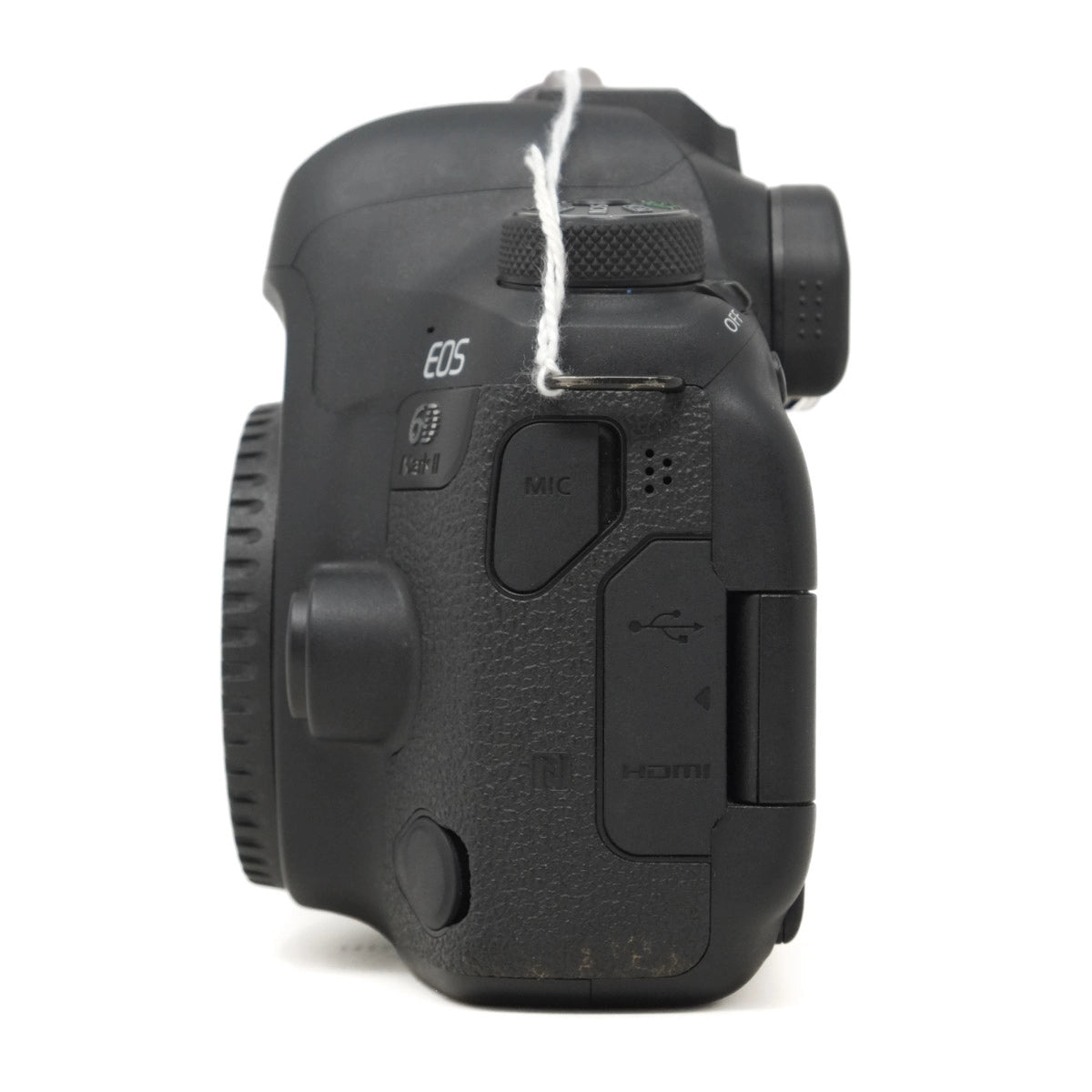 Black camera body with visible EOS branding on a white background