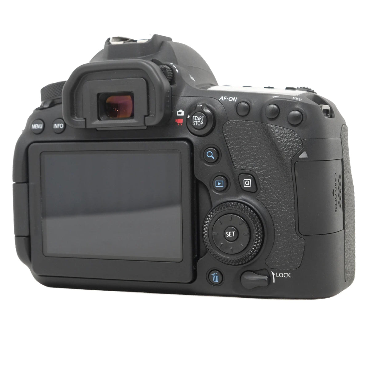 The rear view of a black DSLR camera body with a large LCD screen, control buttons, and a mode dial, isolated on a white background.