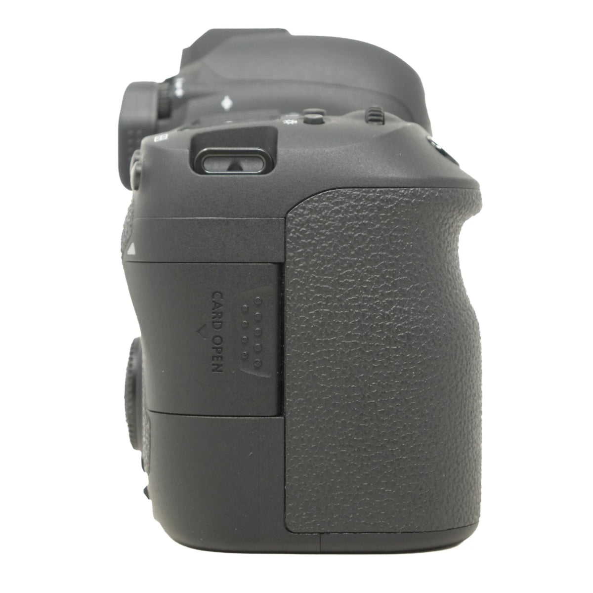 A black DSLR camera body shown from the rear three-quarter view, featuring a textured grip and card slot, on a solid white background.