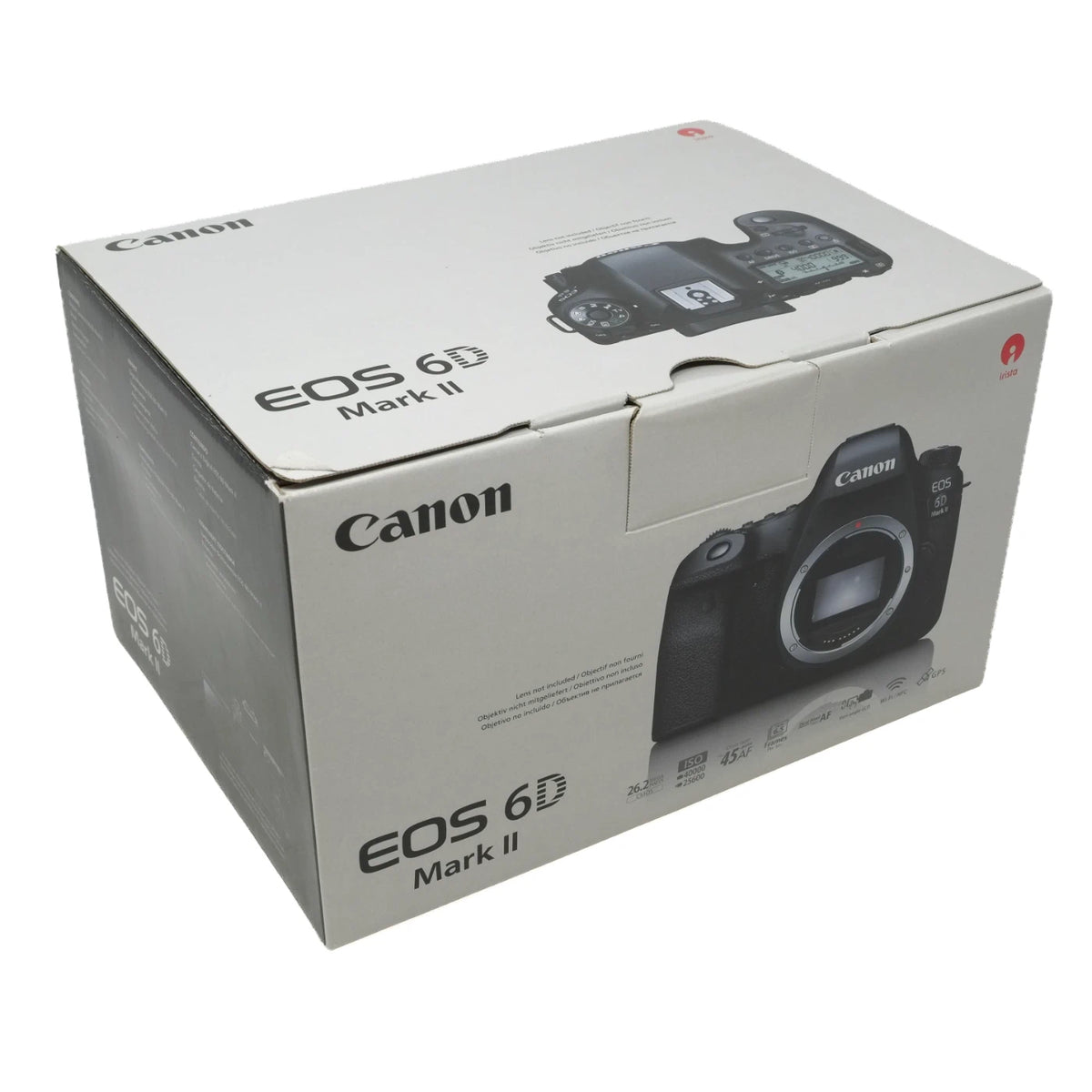 Canon EOS 6D Mark II camera retail box shown at an angle on a plain white background.