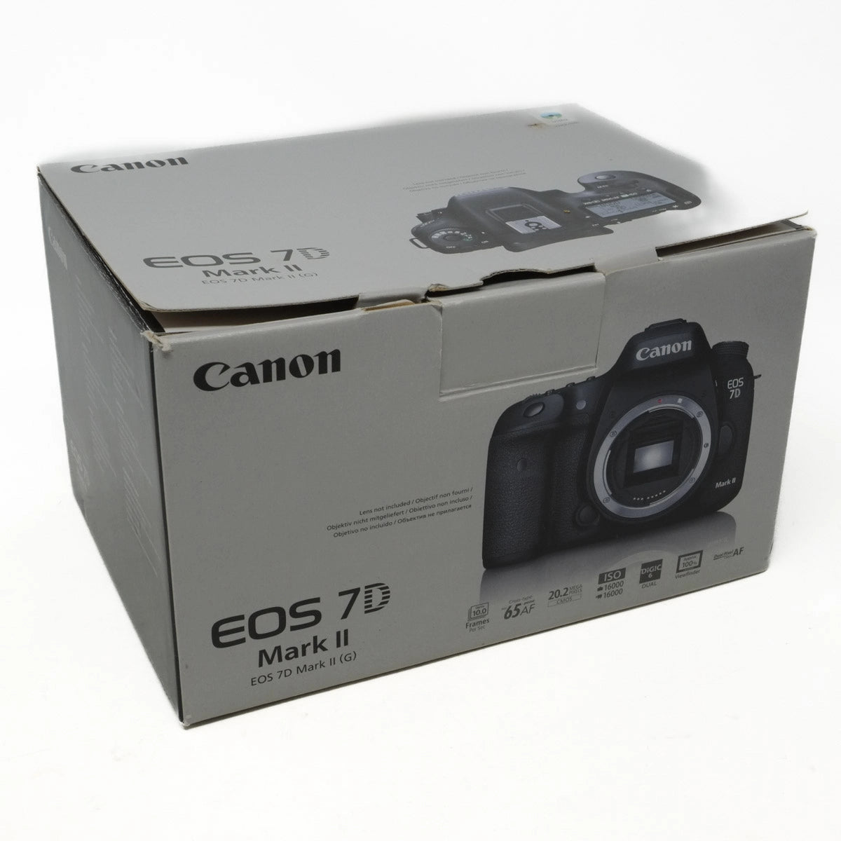 Canon EOS 7D Mark II camera packaging on a white background