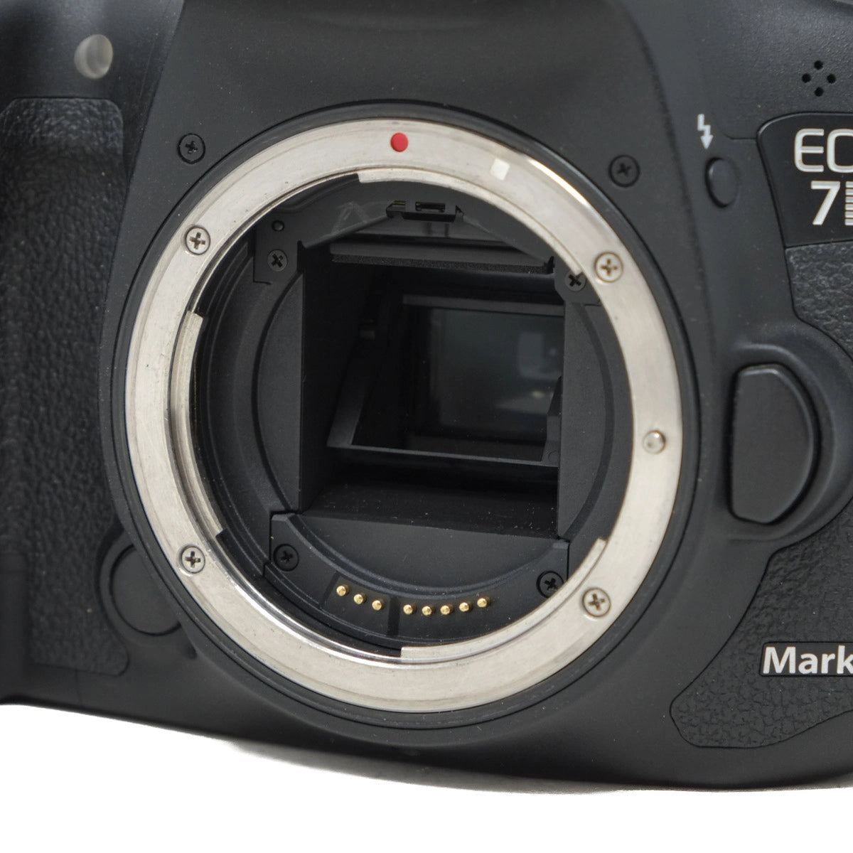 Close-up of a camera body with 'Canon EOS 7D Mark II' branding.