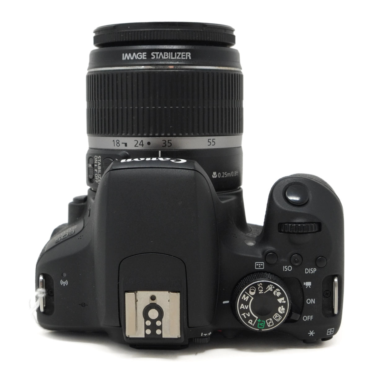 Black DSLR camera with lens on a white background