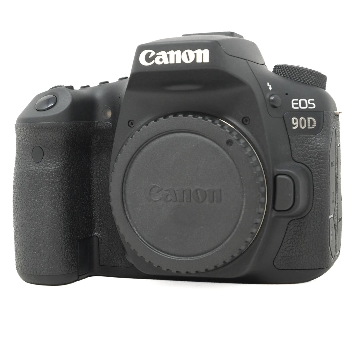 Canon EOS 90D DSLR camera body in black, shown from the front with the lens removed and a black lens protector cap on a white background.