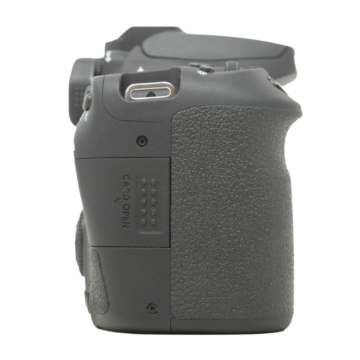 A close-up side view of a black DSLR camera body grip, showing the textured rubberized handle, card slot, and card tray opening on a plain white background.