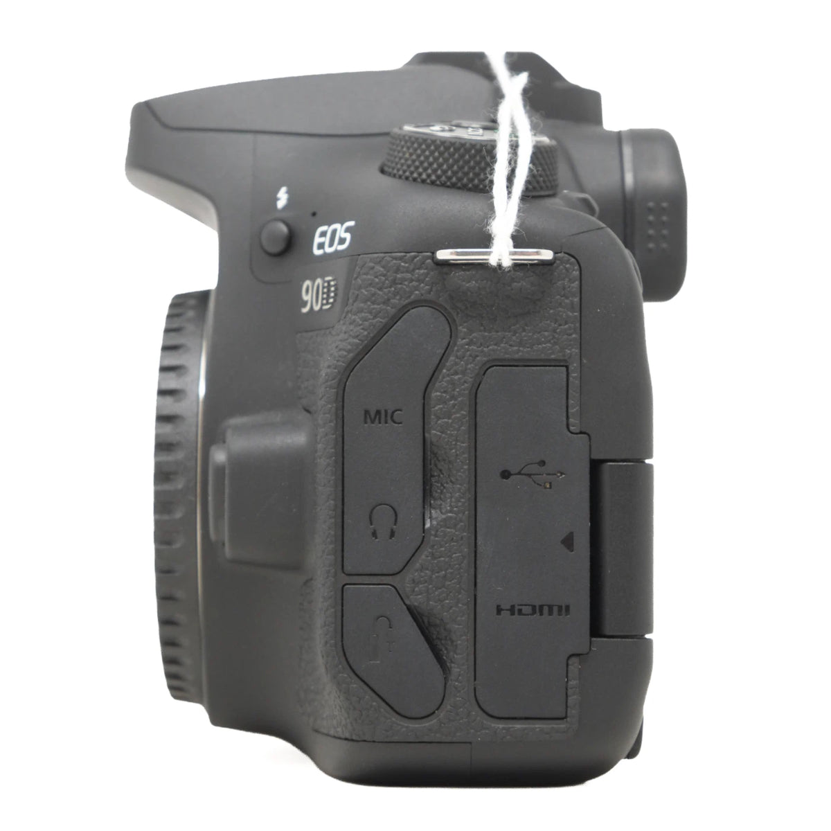 A black Canon EOS 90D DSLR camera body shown from the rear side, featuring the rear grip, microphone port, and a white string tied to the top dials, set against a plain white background.