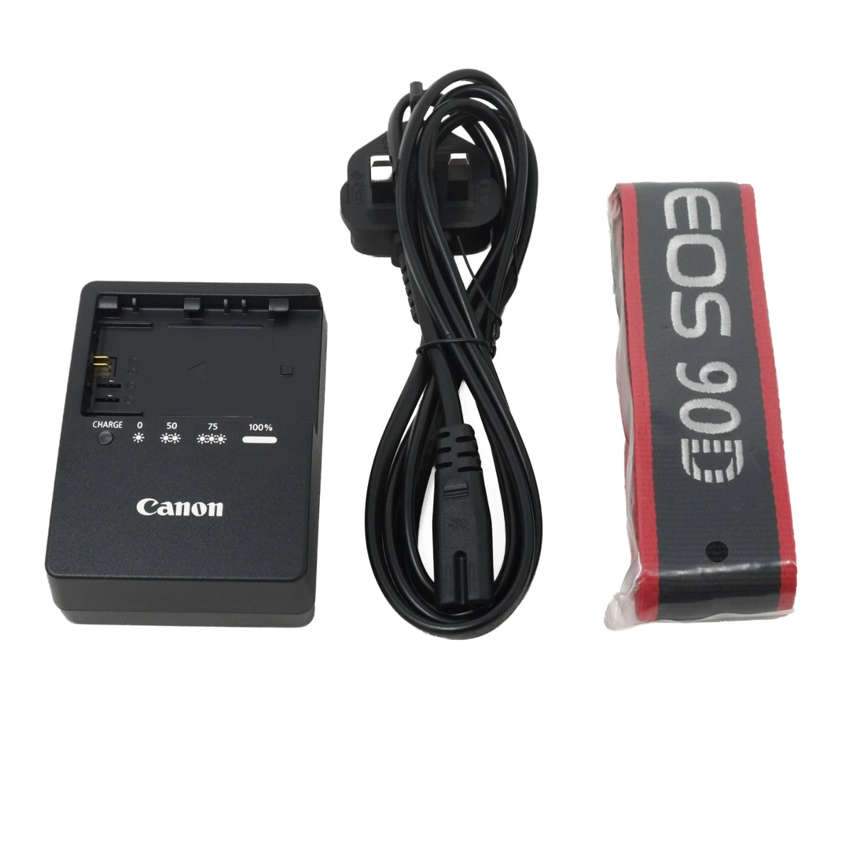 Canon EOS 90D camera battery charger kit including a black plastic charger unit, a coiled black power cord with UK plug, and a Canon EOS 90D battery in red and black packaging.