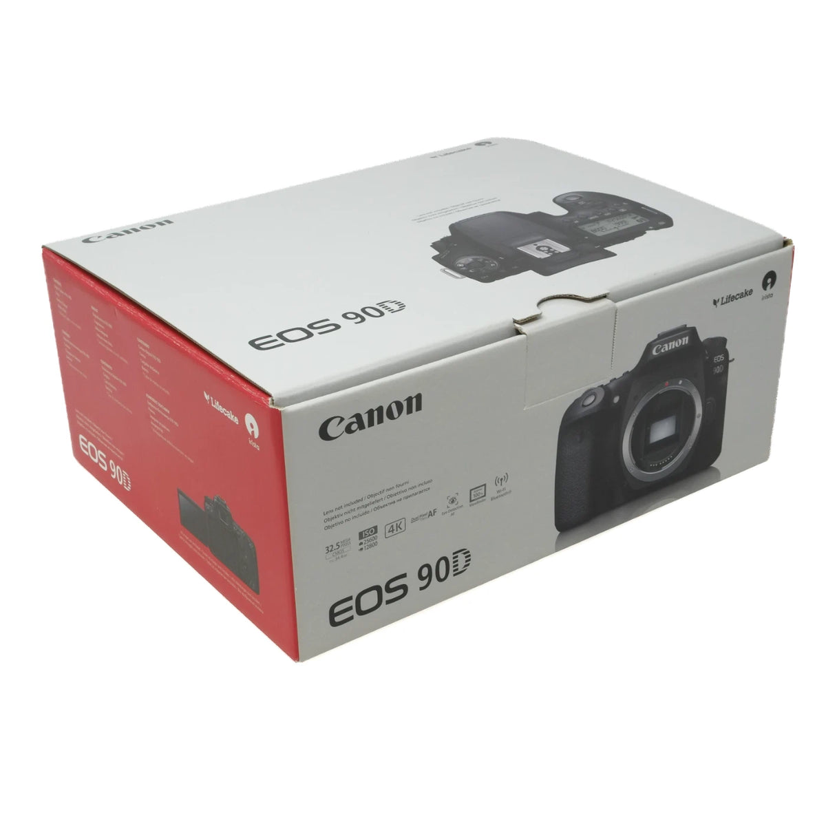 Canon EOS 90D camera retail box in white and red packaging, shown at an angle on a plain white background.