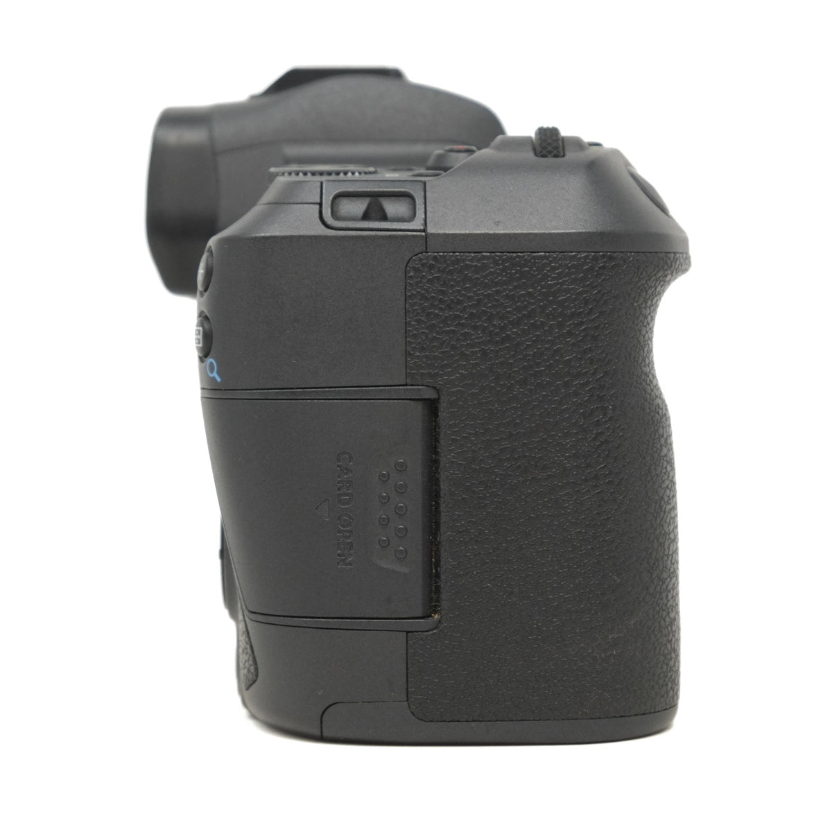 Black camera body on a white background