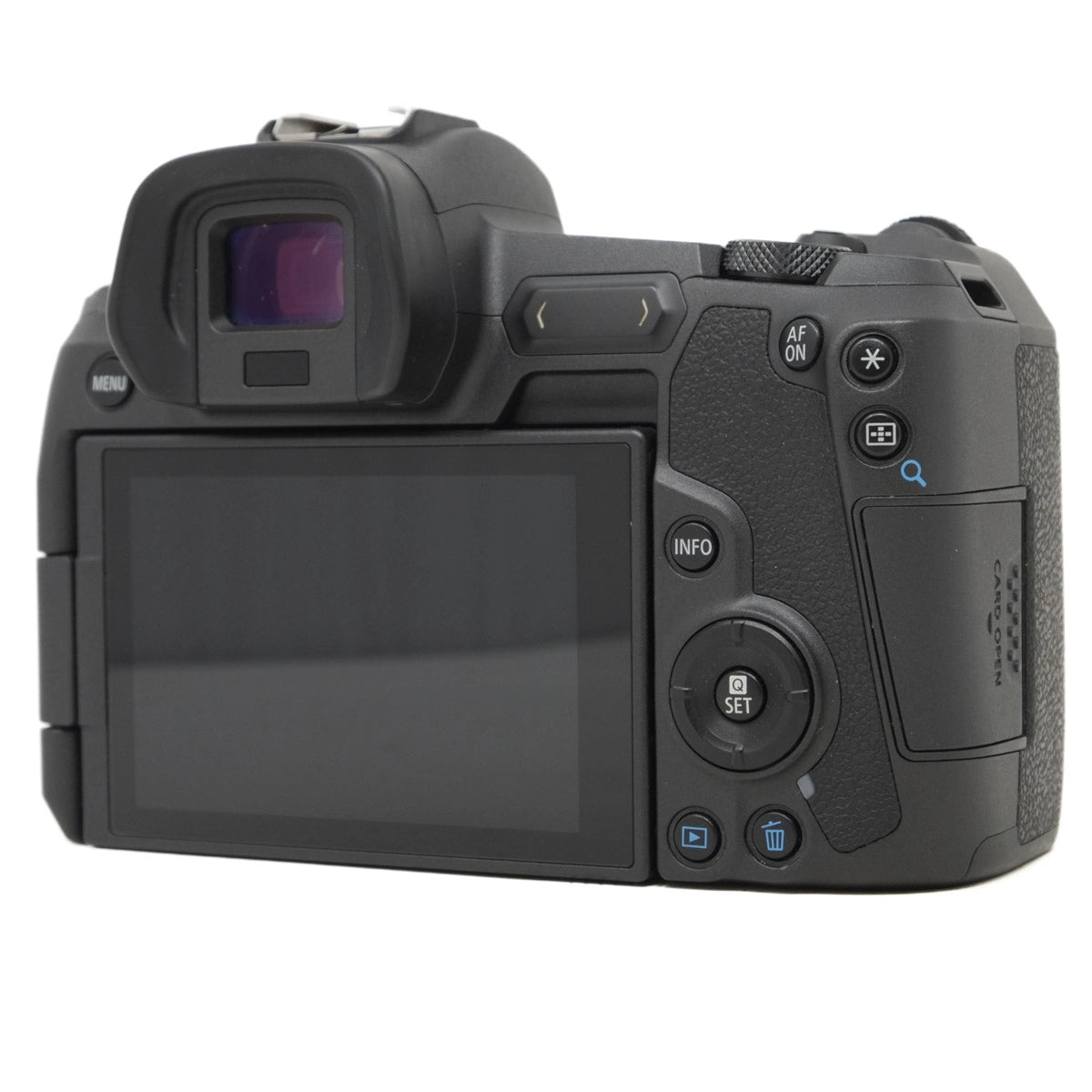 Black camera body with screen and control buttons on a white background