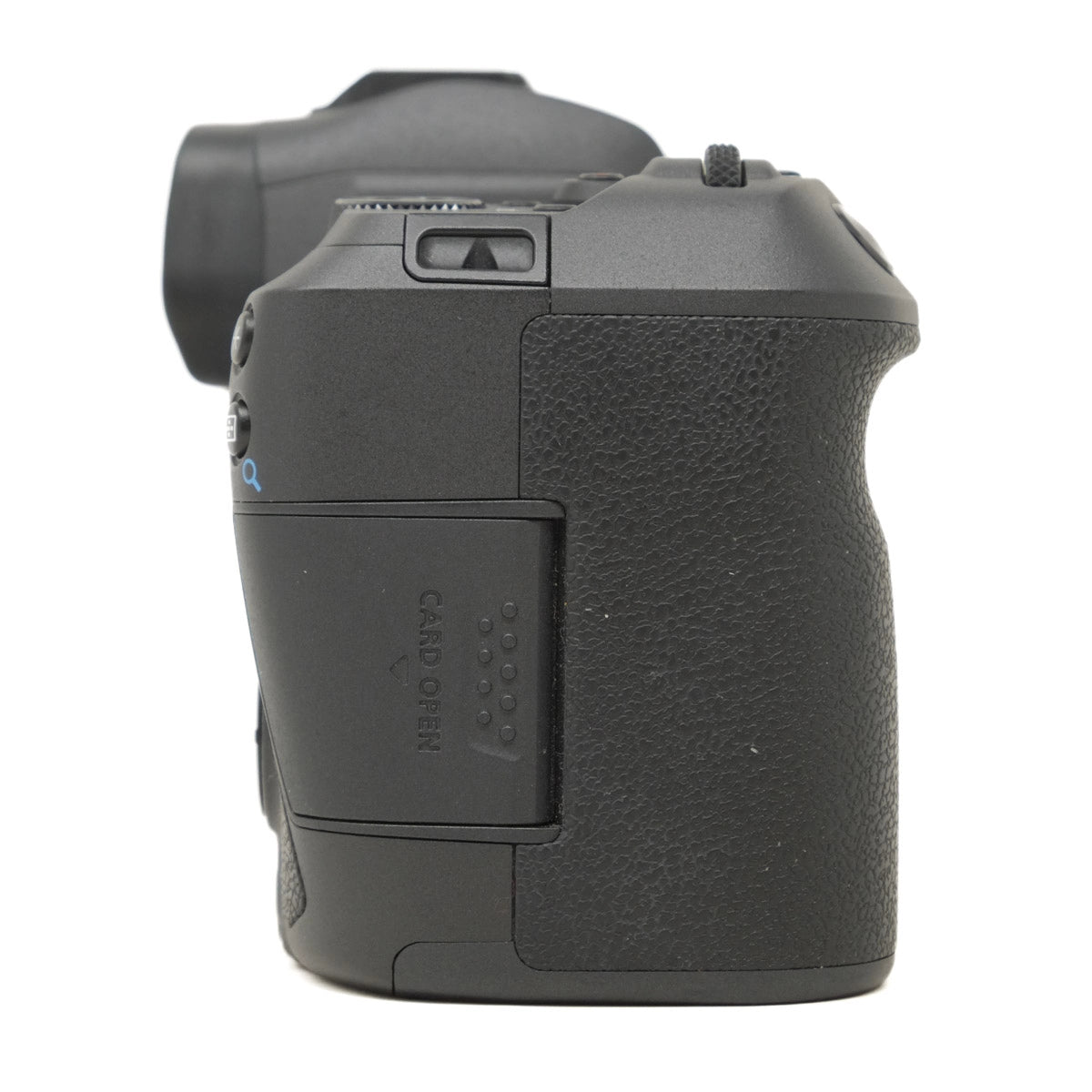 Black camera body on a white background