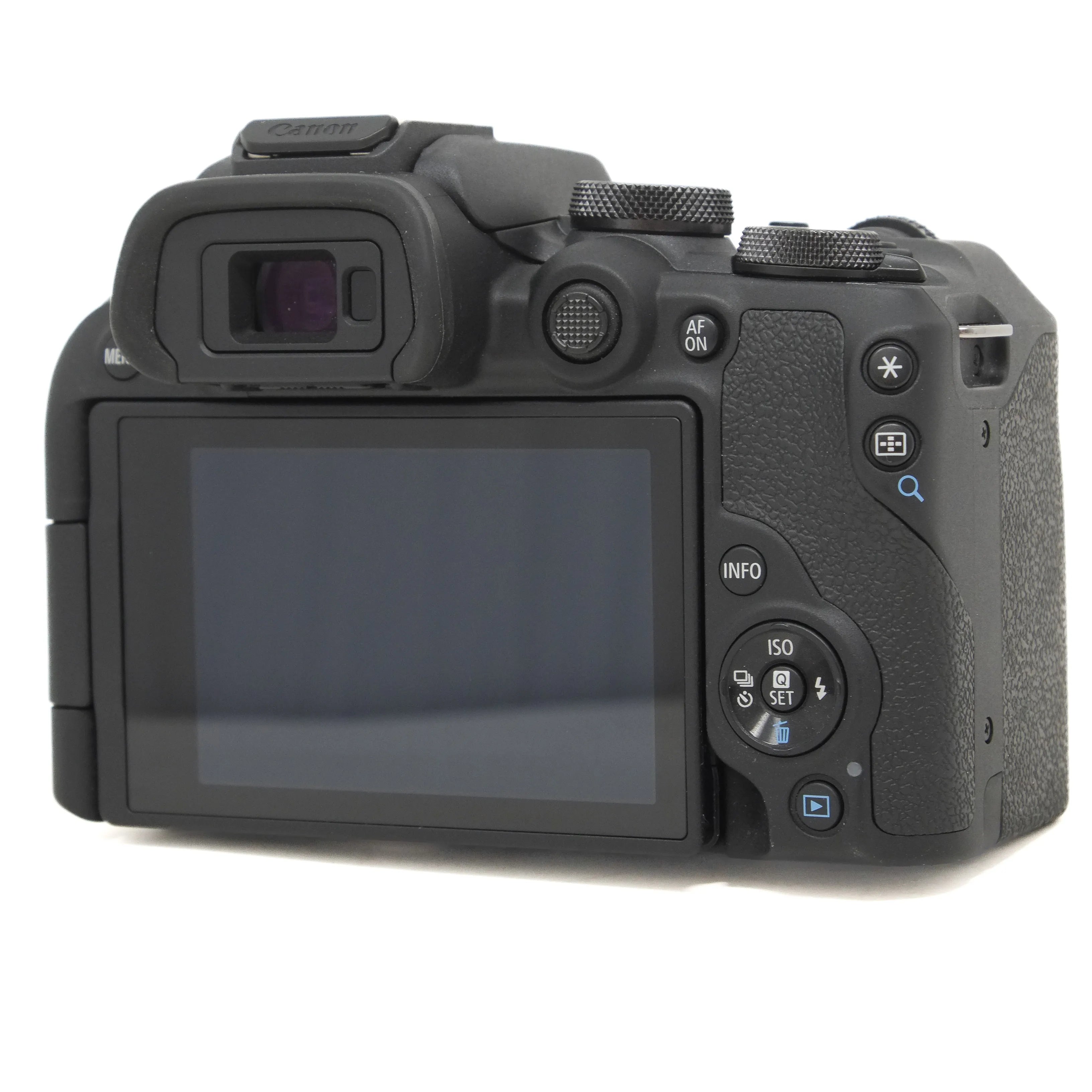 Back view of a black camera on a white background