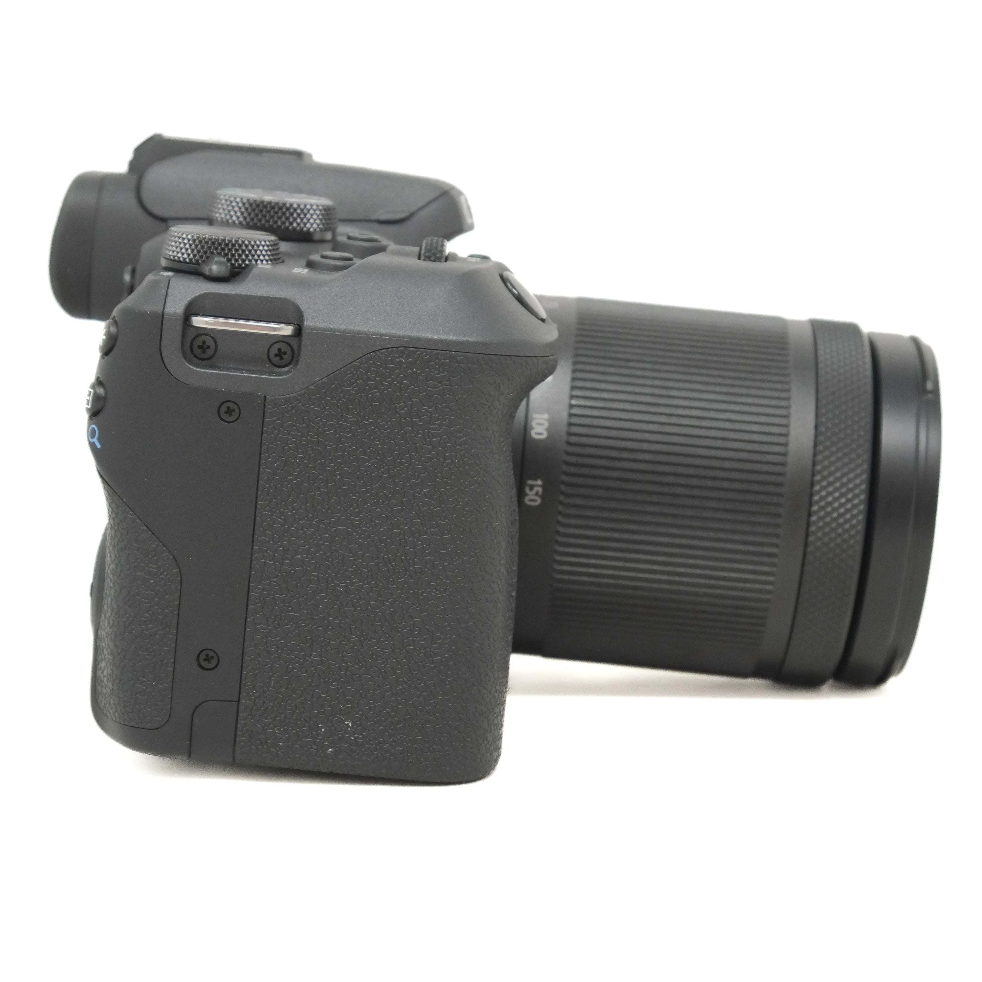 Black camera with lens on a white background