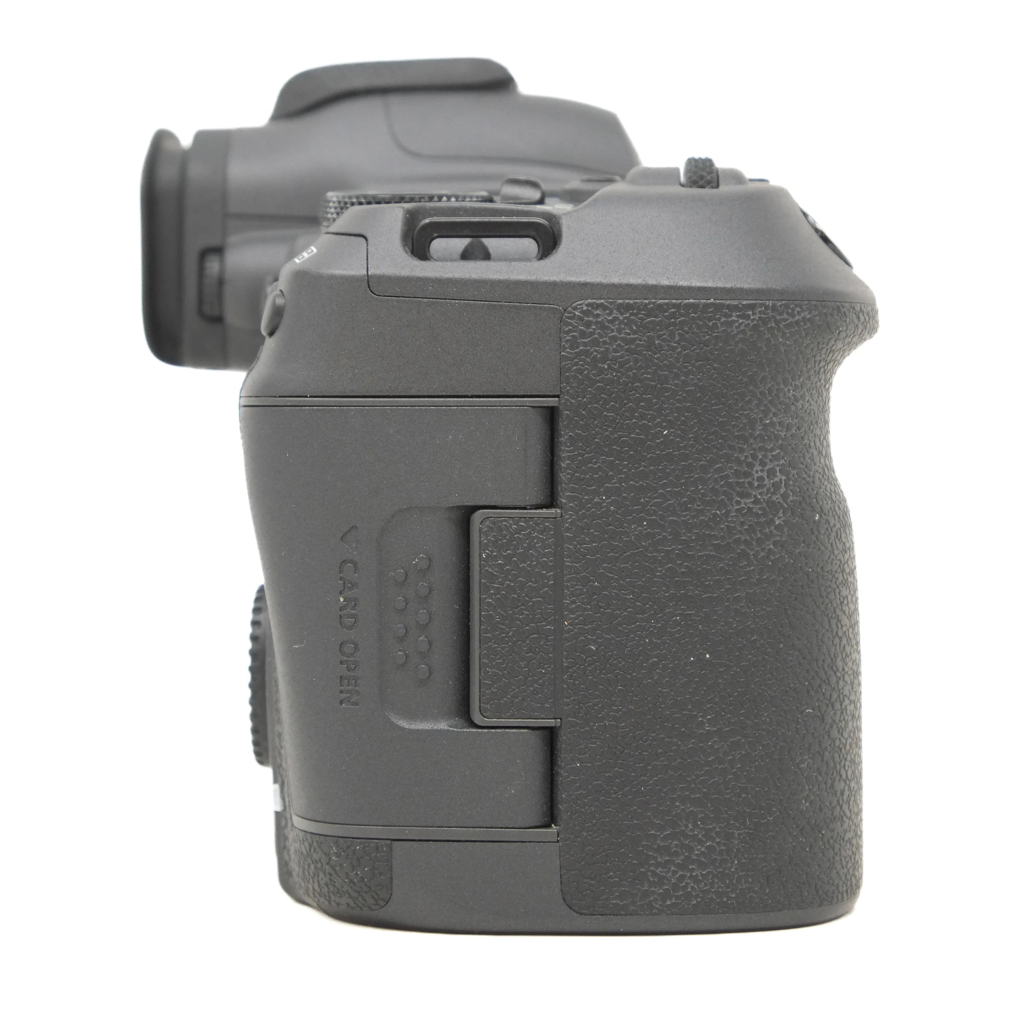Black camera body on a white background