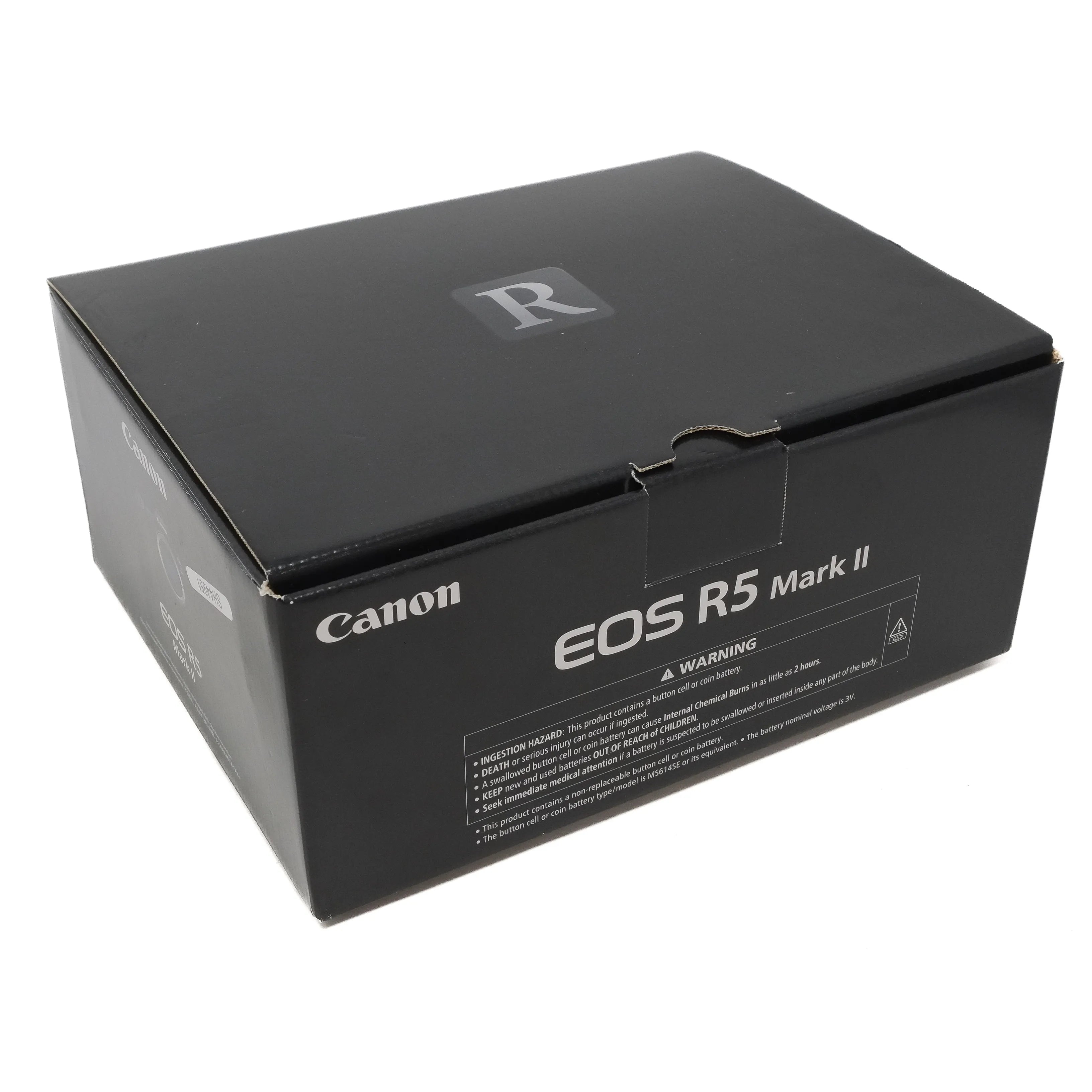 Black box packaging for Canon EOS R5 Mark II camera on a white background
