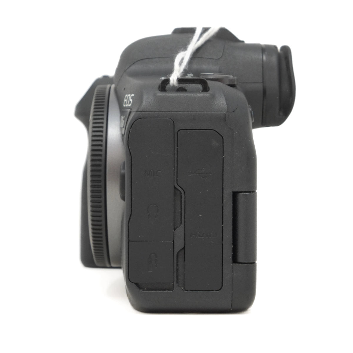 Canon EOS camera with a body cap on a white background