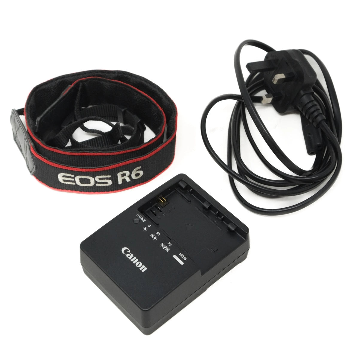 Canon EOS R6 camera strap, battery charger, and power cord on a white background