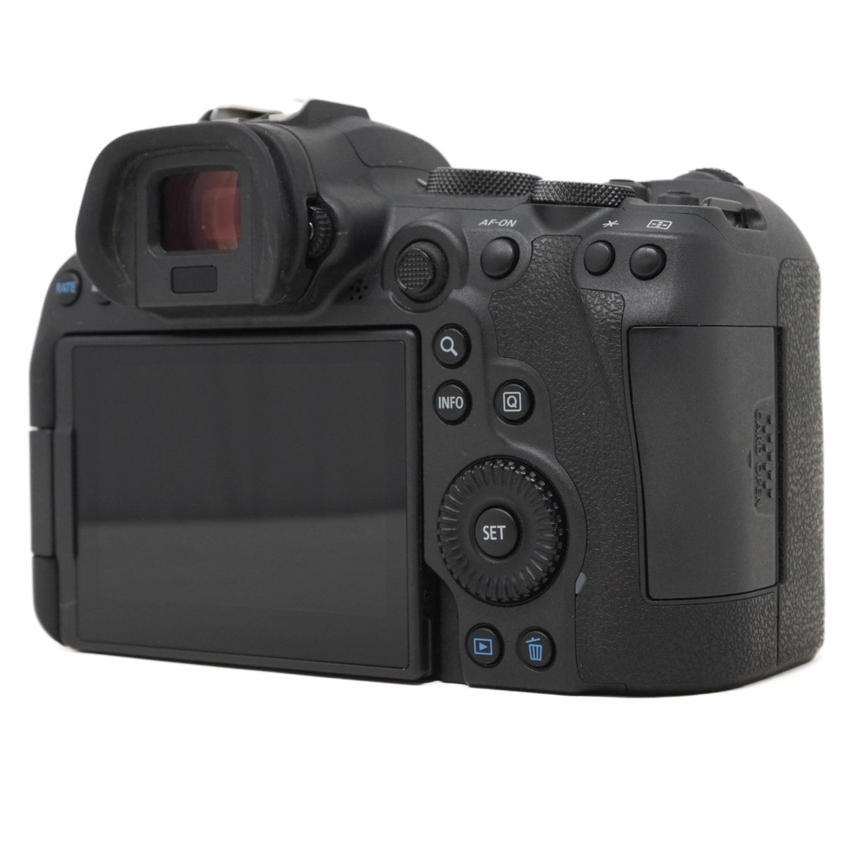 Back view of a black camera on a white background