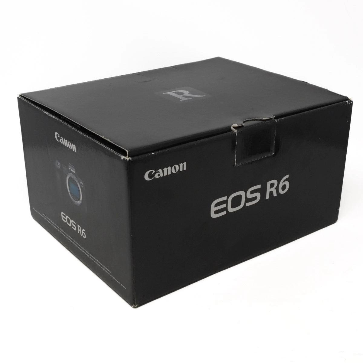 Black box packaging for Canon EOS R6 camera on a white background