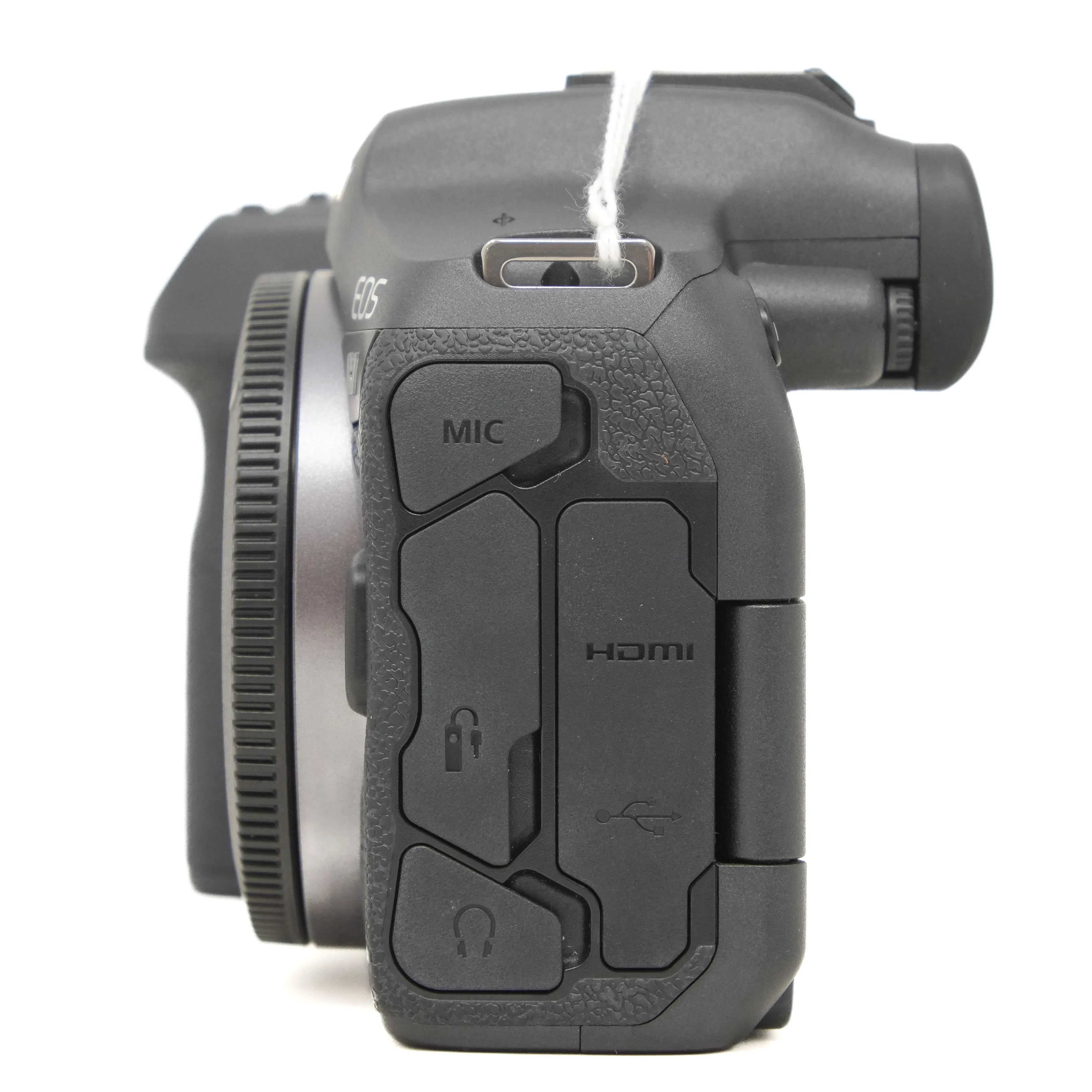Black camera body with various ports on a white background