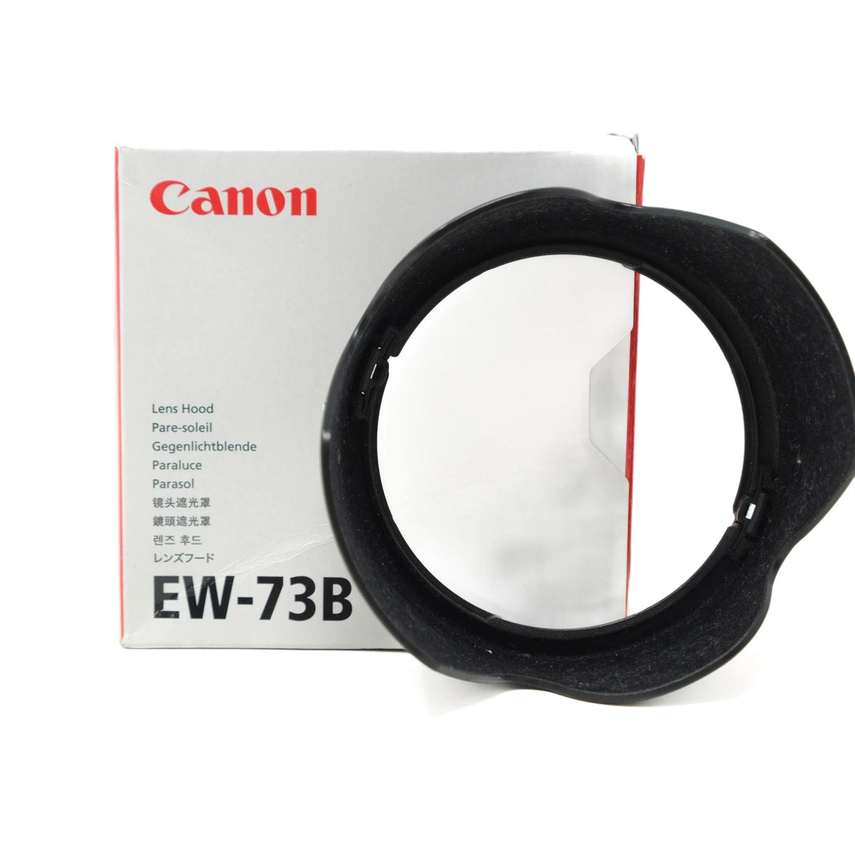 Used Canon Lens hood EW-73B for 17-85mm IS lens - top angle and box