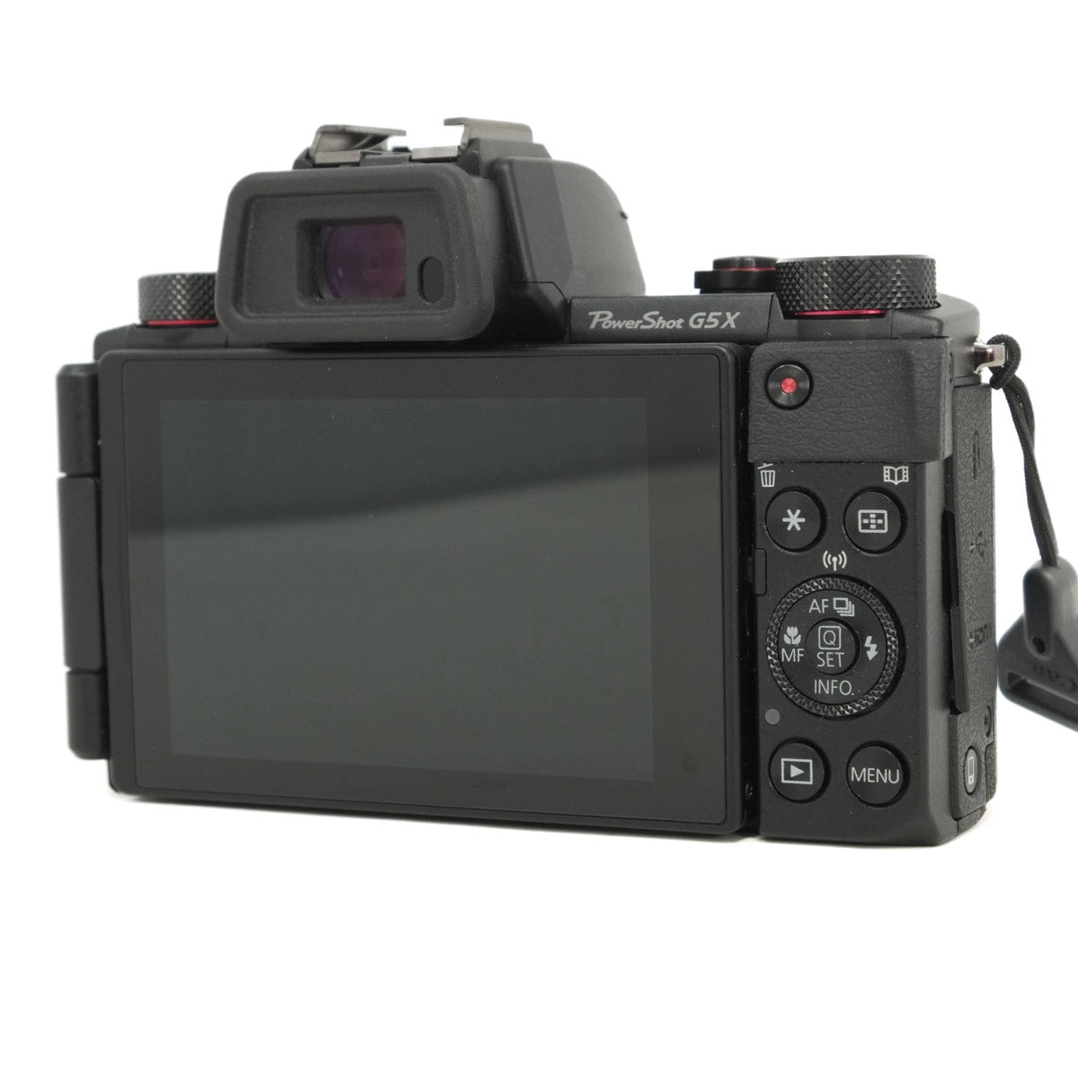 Digital camera with screen and control buttons on a white background