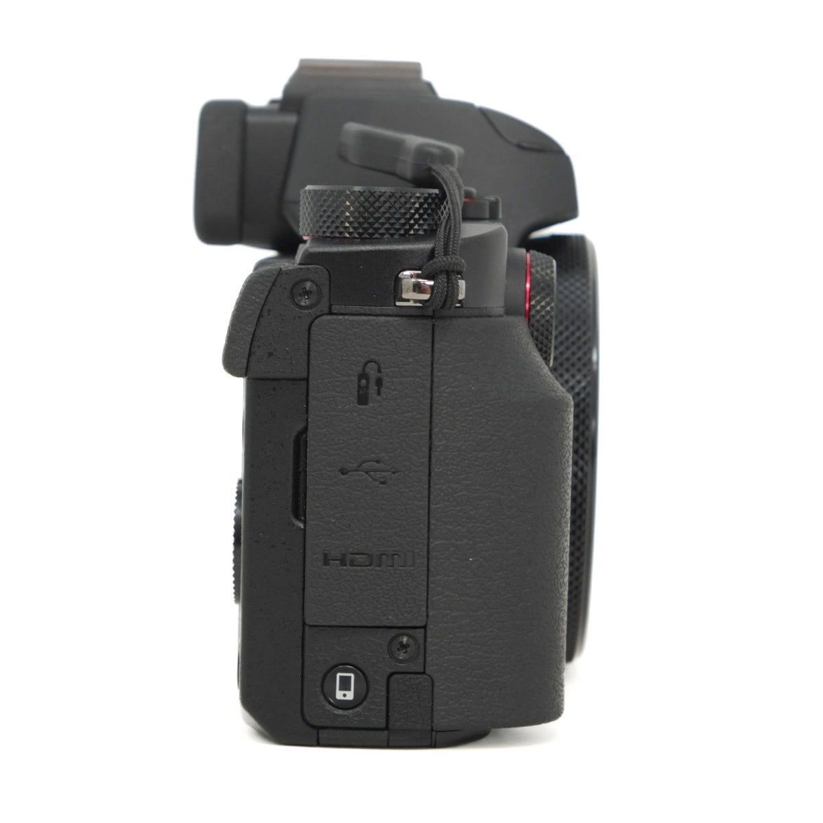 Black camera body with HDMI port on a white background