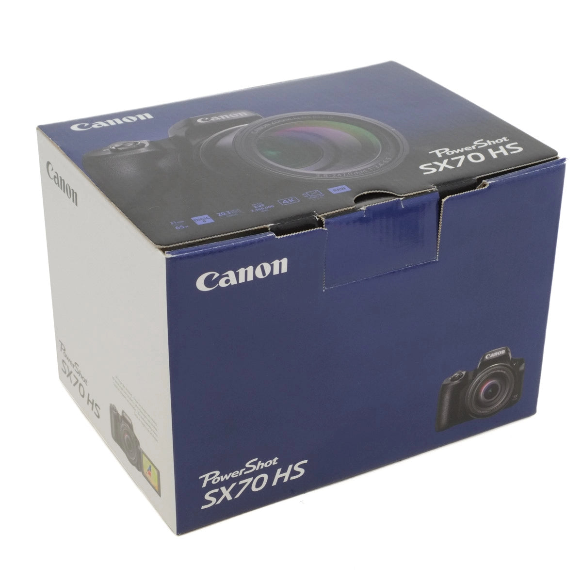 Canon PowerShot SX70 HS camera packaging box on a white background