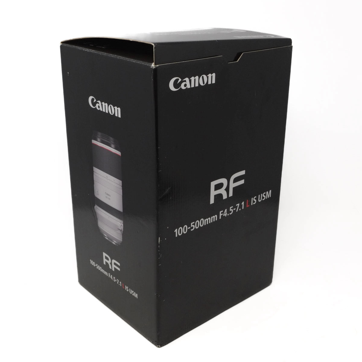 Canon RF 100-500mm lens packaging on a white background