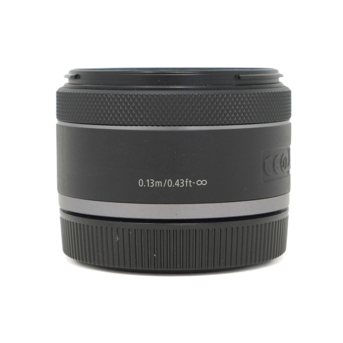 Camera lens with text on a white background
