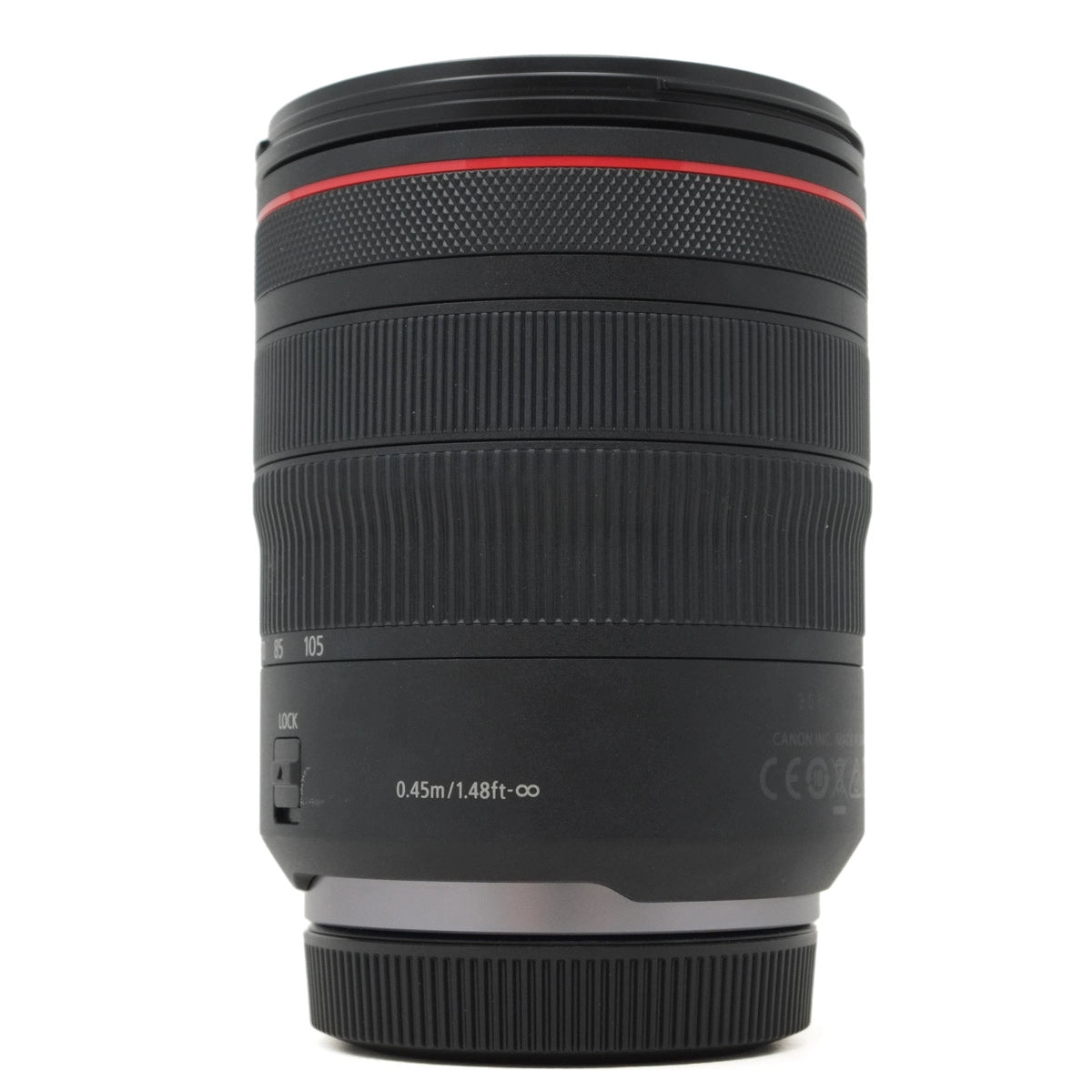 Camera lens with a red accent on a white background