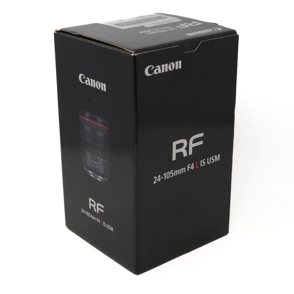 Canon RF 24-105mm F4 IS USM camera lens packaging on a white background