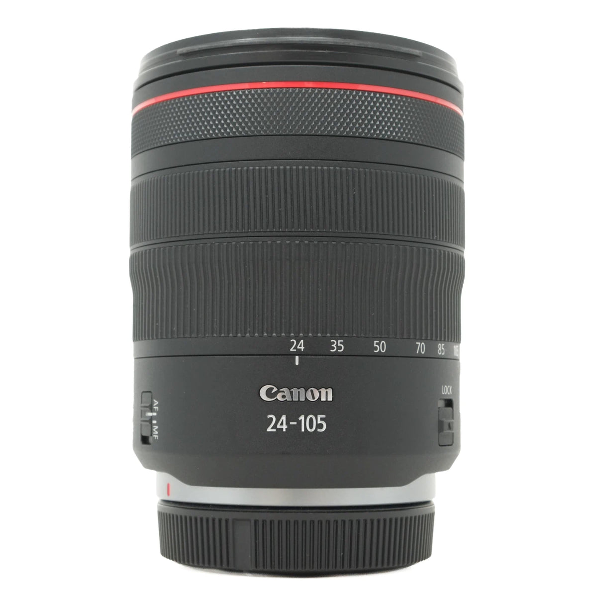 Canon 24-105mm lens in black with a red accent ring, shown against a plain white background.